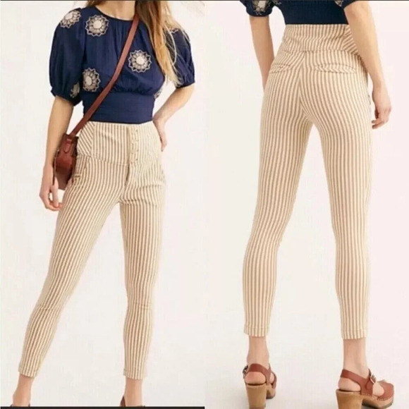 Free People Brown White Striped High Rise Frankie Skinny Jeans - Picture 1 of 7